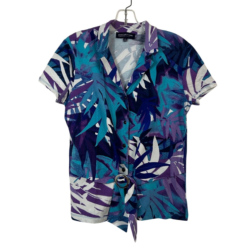 Jones New York Signature Petite Tropical Palm Print O-Ring Tie Hem Top Blue PL